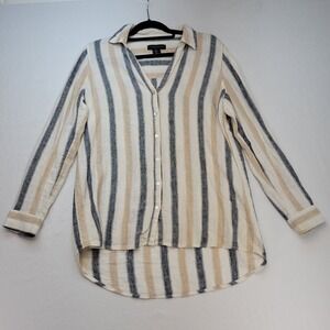 Tahari Shirt Womens Small Cream Striped Linen Blend Button Down Top Coastal